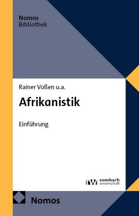 Text: "Nomos Bibliothek", "Rainer Voßen u.a.", "Afrikanistik", "Einführung", "Nomos". Gestaltung: Geometrische Formen in Blau und Gelb.