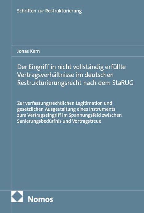 Ein Buchcover mit blauem Hintergrund, Titel: "Der Eingriff in nicht vollständig erfüllte Vertragsverhältnisse im deutschen Restrukturierungsrecht nach dem StaRUG" von Jonas Kern. Unten links das Nomos-Logo.