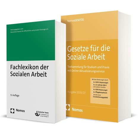 Zwei Bücher: "Fachlexikon der Sozialen Arbeit", grün-weiß; "Gesetze für die Soziale Arbeit", gelb, 2026/27 Edition.