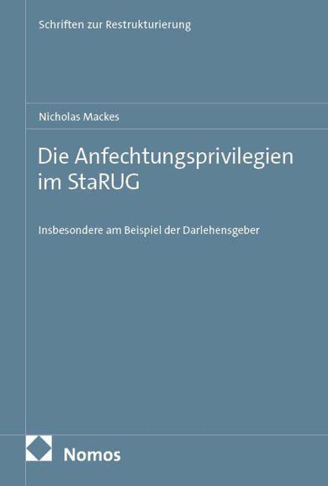 Buchtitel: "Die Anfechtungsprivilegien im StaRUG" von Nicholas Mackes. Logo: Nomos Verlag.