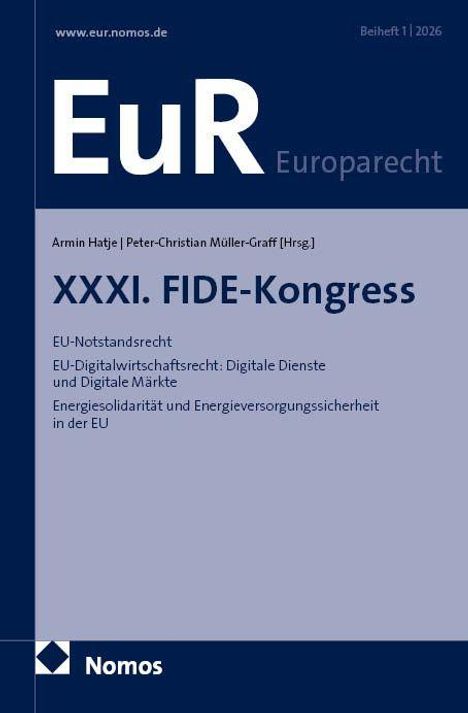 Oben "www.eur.nomos.de", "Beiheft 1|2026", "EuR Europarecht". Unten "XXXI. FIDE-Kongress", Themen: EU-Recht, digitale Märkte.