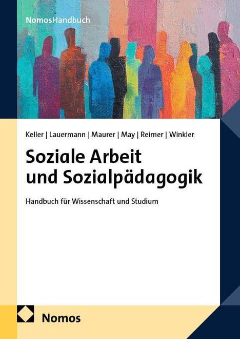 "Soziale Arbeit und Sozialpädagogik" steht in schwarzem Text. Bunte, abstrakte Silhouetten von Menschen erscheinen oben.