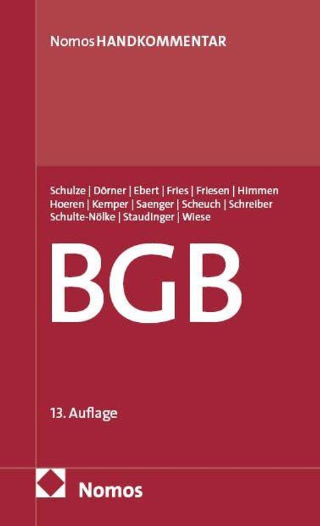 Nomos HANDKOMMENTAR, BGB, 13. Auflage, Autorenliste, Nomos-Logo. Roter Hintergrund, klare, weiße Schrift.