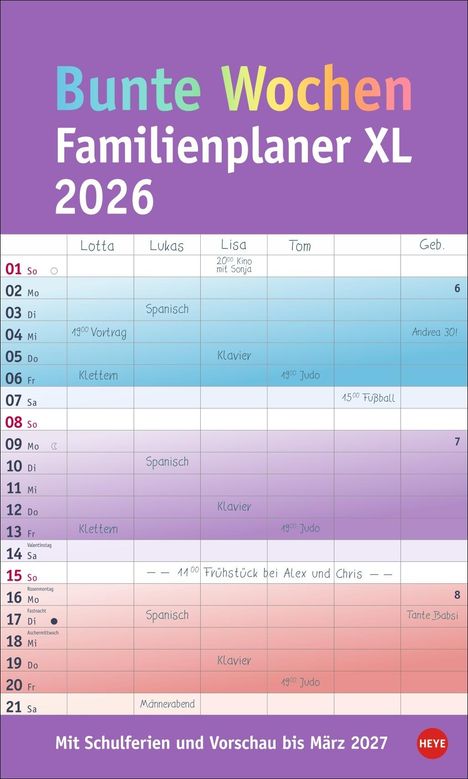 Bunte Wochen Familienplaner XL 2026, Kalender