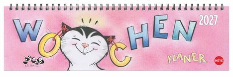 "WOCHE" und "2027" in großen Buchstaben, darunter "PLANER". Eine lächelnde Katze mit rosa Hintergrund.