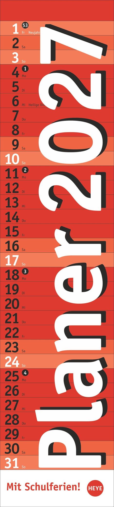 Kalender „Planer 2021“. Tage von 1 bis 31 Januar. Feiertage markiert. Roter Hintergrund, großes vertikales 2021.