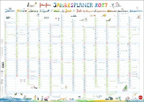 "Jahresplaner 2027" in bunten Farben mit Monatsnamen oben. Kleine Illustrationen, verspielte Tiermotive über das Jahr verteilt.