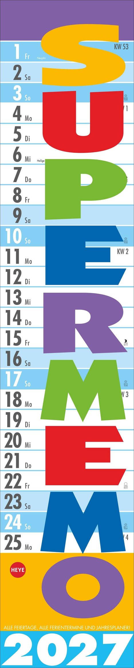 Kalender mit Wochenzahlen und Wochentagen. Bunte Buchstaben bilden vertikal "SUPREMO". Jahreszahl: 2027. Logo unten: HEYE.