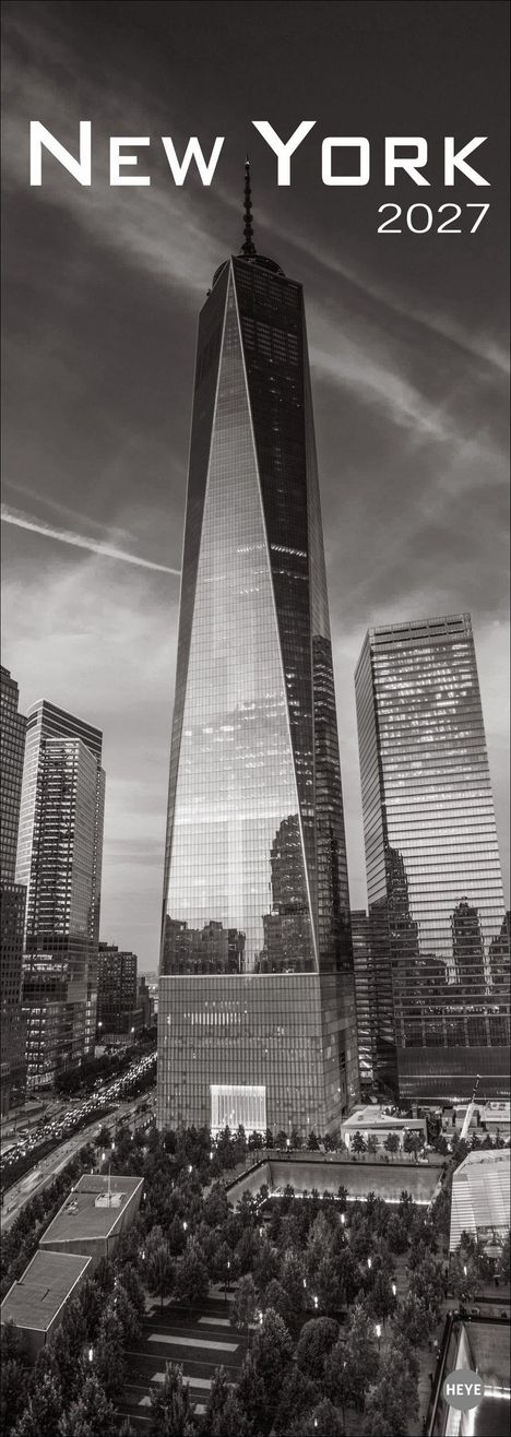 "New York 2027." Schwarz-Weiß-Fotografie des One World Trade Center mit umliegenden Gebäuden in Manhattan.