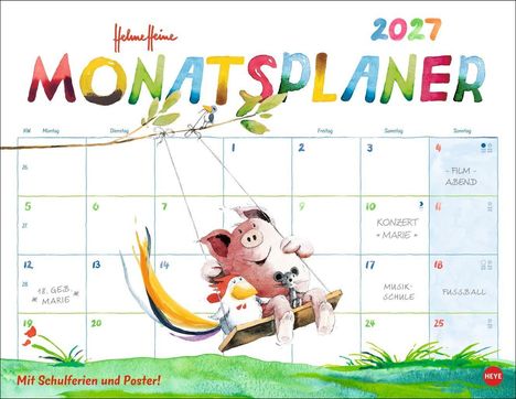 „MONATSPLANER 2027“, „18. GEB. * MARIE“, „KONZERT * MARIE *“, Illustration: Schweinchen schaukelt mit Freunden.