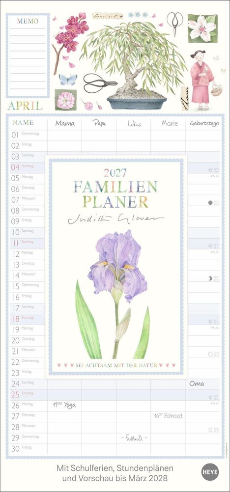 "NAME", "Mama", "Papa", "Lukas", "Marie", Kalender für April mit Illustrationen von Pflanzen, Mädchen im Kimono.