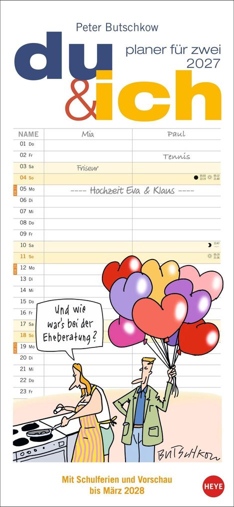 „du & ich planer für zwei 2027“, Kalender mit Cartoon: „Und wie war’s bei der Eheberatung?“ Person mit Luftballons.