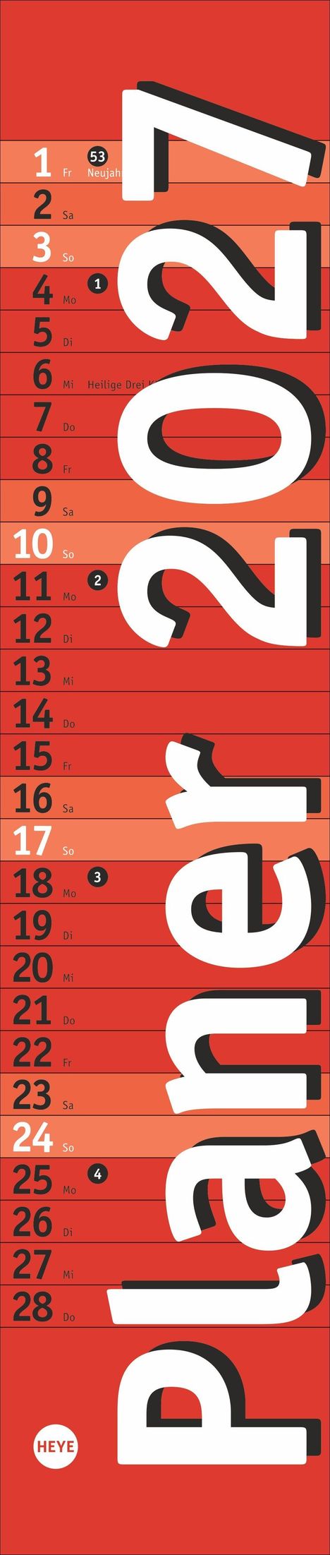 Kalender für Januar 2021. Große weiße Zahlen "2021", Heye Logo unten links, Datumsangaben auf rotem Hintergrund.