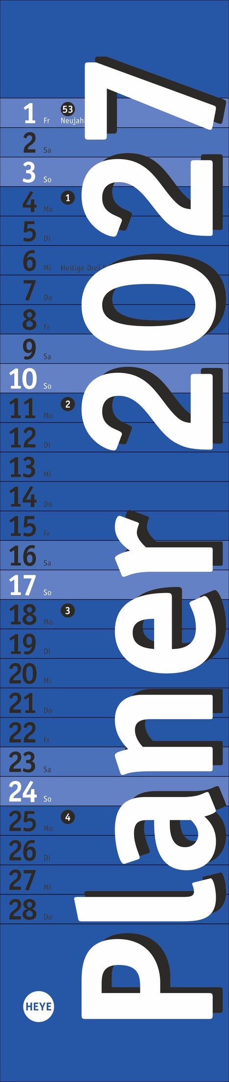Planer 2021 in großer Schrift, ein Kalender vom 1. bis 28. Januar; blau-weiße Gestaltung, Heye-Logo.