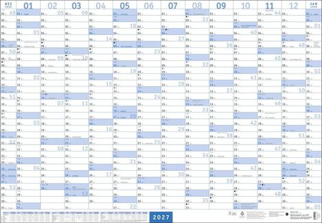 Kalender für das Jahr 2027, beginnend mit Dezember 2026 und endend mit Januar 2028. Feiertage sind markiert.