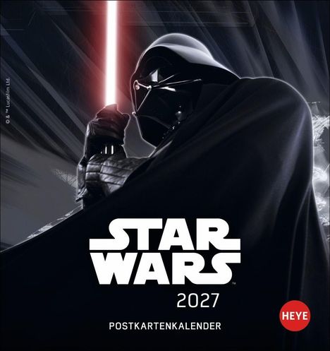 "STAR WARS 2027 POSTKARTENKALENDER." Silhouette einer Figur mit rotem Lichtschwert im Hintergrund, schwarzer Umhang, HEYE-Logo.