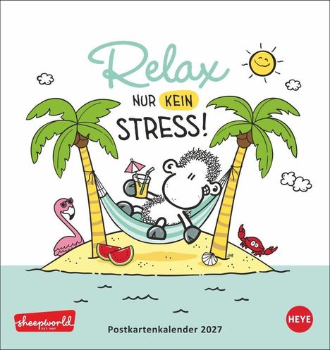 "Relax, nur kein Stress!" Ein Schaf liegt in einer Hängematte zwischen zwei Palmen. Ein Flamingo und eine Krabbe sind da.