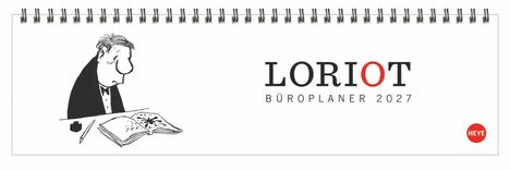 "BÜROPLANER 2027", groß "LORIOT", Zeichnung: Mann liest Buch mit Blume, rot-weißes HEYE-Logo.
