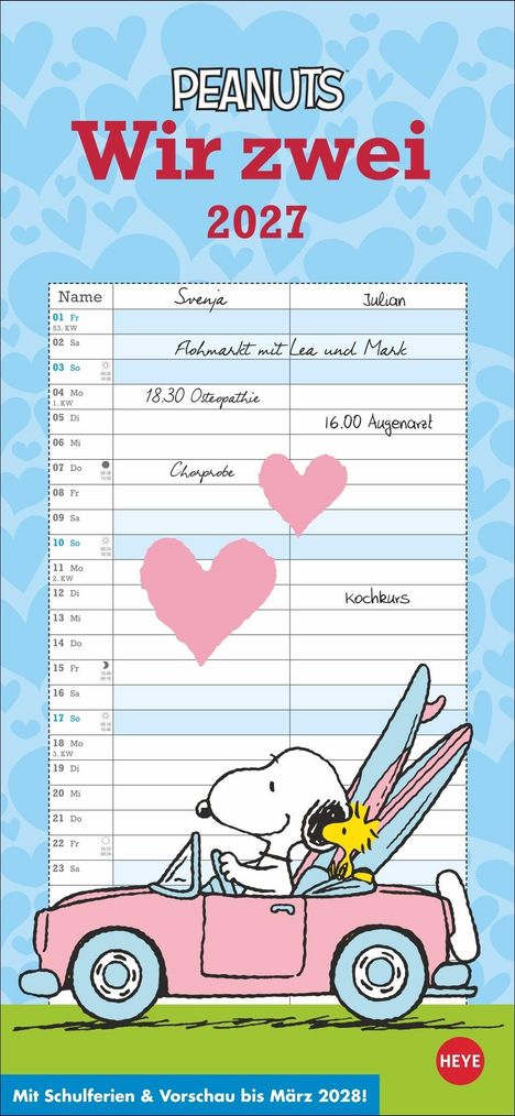 Kalender für 2027: Termine von Svenja und Julian. Illustration: Snoopy im Auto mit Herzen im Hintergrund.