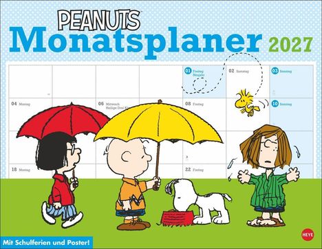 „PEANUTS Monatsplaner 2027“, Kalenderblatt, Comicfiguren mit Regenmänteln und Schirm, Vogel fliegt, Hund mit Futternapf.