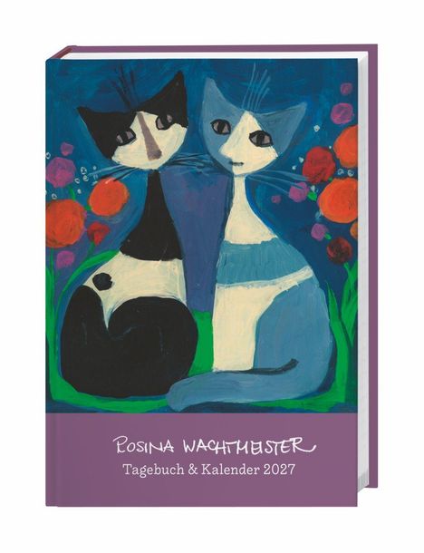 "Rosina Wachtmeister Tagebuch & Kalender 2027" steht auf einem lilafarbenen Hintergrund. Illustration von zwei stilisierten Katzen.