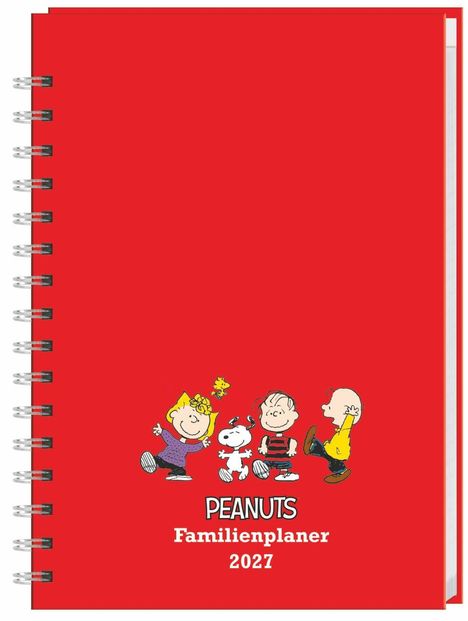 "PEANUTS Familienplaner 2027" auf rotem Hintergrund, zeigt Comic-Charaktere in fröhlicher Szene.