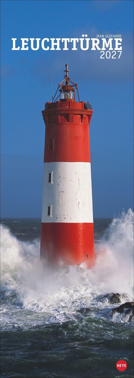 "LEUCHTTÜRME 2027" und "JEAN GUICHARD". Roter und weißer Leuchtturm in stürmischer See, starkes Wellenspiel.