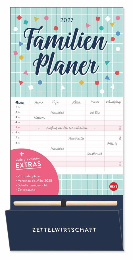 "2027 Familien Planer" steht oben. Der Hintergrund hat ein kariertes, bunt dekoriertes Muster. Unten: „Zettelwirtschaft“.