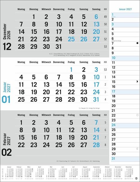 Ein Kalender mit den Monaten Dezember 2026, Januar und Februar 2027. Feiertage sind unten klein gedruckt.