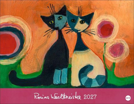"Rosina Wachtmeister 2027" steht auf einem pinken Streifen. Zwei stilisierte Katzen vor orangenem Hintergrund mit runden Blumen.