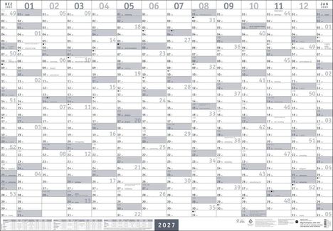 Kalender für 2027 mit Monatsnamen oben. Feiertage und Wochenenden hervorgehoben. Reihen für jeden Monat.