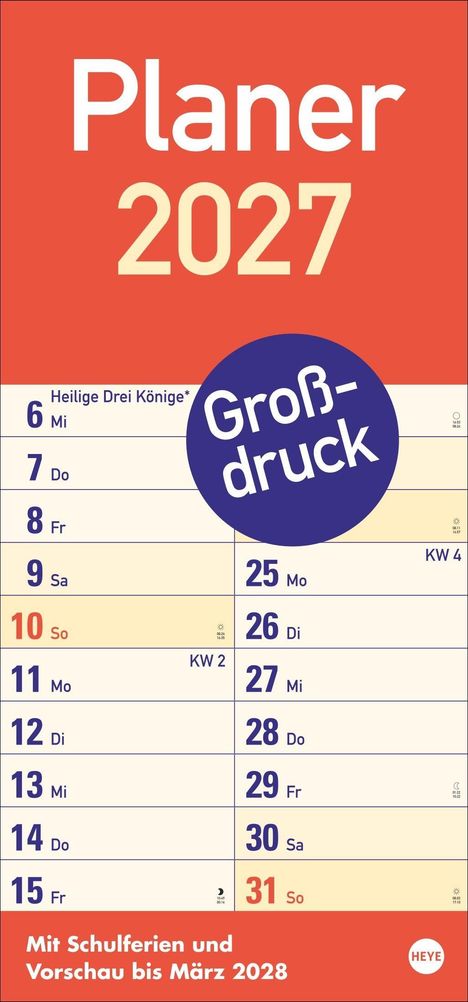 Großdruck, Planer 2027, Heilige Drei Könige, KW 2, KW 4, Mit Schulferien und Vorschau bis März 2028.