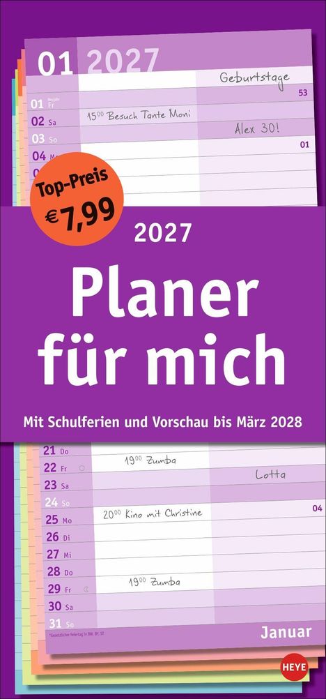 Kalender: "2027 Planer für mich". Termine und Geburtstage notiert. "Top-Preis €7,99". Mit Schulferien bis März 2028.