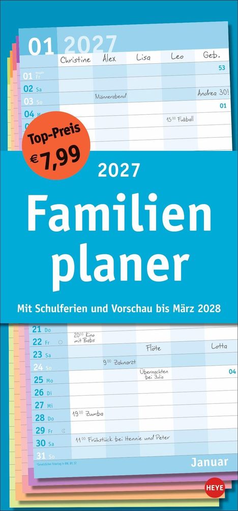 2027 Familienplaner, Preis 7,99 €. Enthält Namen, Termine, und Geburtstage im Januar. Farbig gestaltete Kalenderseiten.