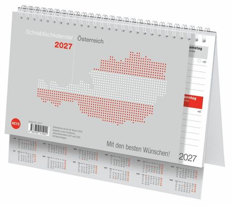 Schreibtischkalender 2027 Österreich. Mit den besten Wünschen! Illustration einer Österreich-Karte.