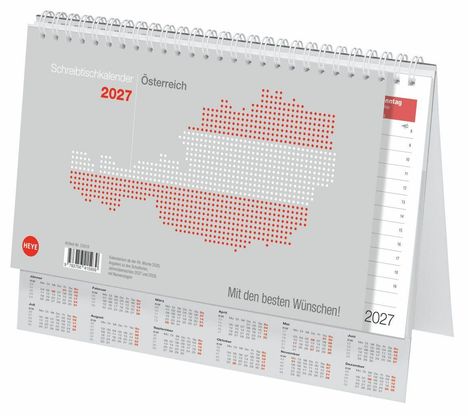 Schreibtischkalender 2027 Österreich, mit einer gepunkteten Landkarte und dem Text "Mit den besten Wünschen!".
