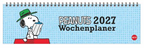 "PEANUTS 2027 Wochenplaner". Illustration: Hund mit grünem Hut, hält Klemmbrett. Hintergrund blau mit Punkten.