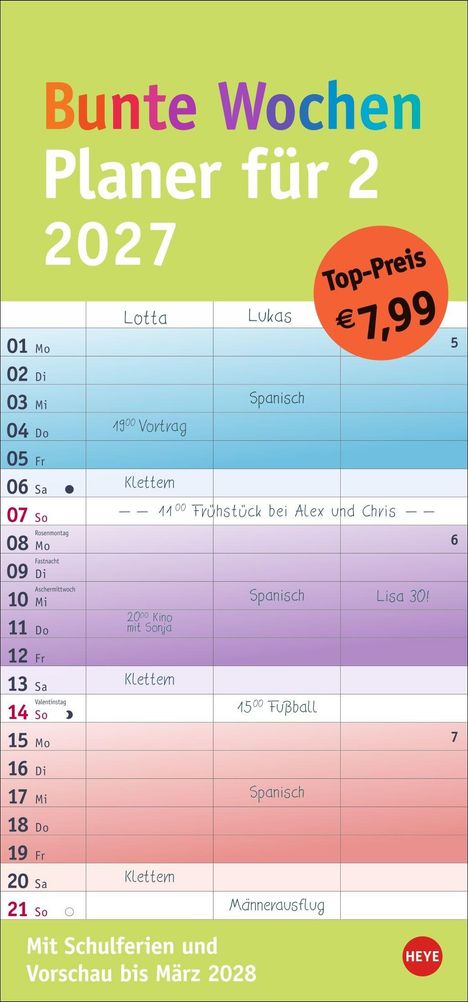 Bunte Wochen Planer für 2027. "Top-Preis €7,99". Aktivitäten wie "Spanisch", "Kino", "Fußball".