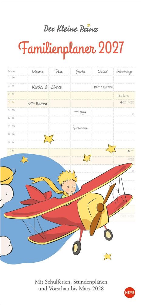 "Der Kleine Prinz Familienplaner 2027. Kalender mit Spalten für Mama, Papa, Greta, Oscar. Illustration: Kind im roten Flugzeug."