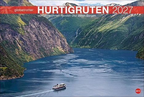 HURTIGRUTEN 2027, Von unberührten Fjorden und stillen Bergen. Ein Kreuzfahrtschiff in einem tiefen, von Bergen umgebenen Fjord.