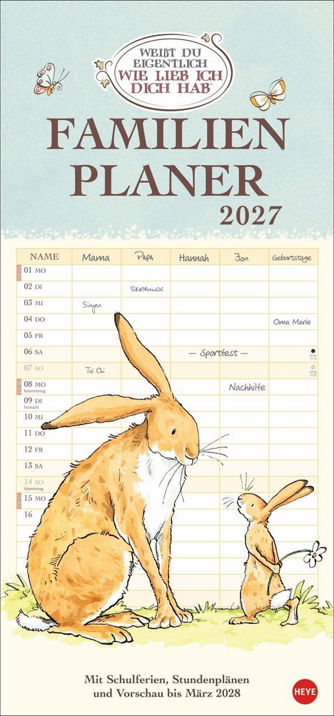 "WEIßT DU EIGENTLICH WIE LIEB ICH DICH HAB" Familienplaner 2027. Illustration: Zwei Hasen, der größere sitzt, der kleinere steht.