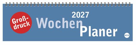 Großdruck Wochen Planer 2027. Roter Kreis, weißer Text: "Großdruck". Blauer Hintergrund, Spiralbindung oben.