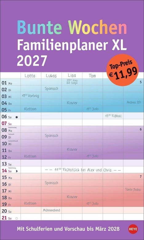 "Bunte Wochen Familienplaner XL 2027." Wochenplan mit Aktivitäten für Lotta, Lukas, Lisa, Tom. Preis: 11,99 €.