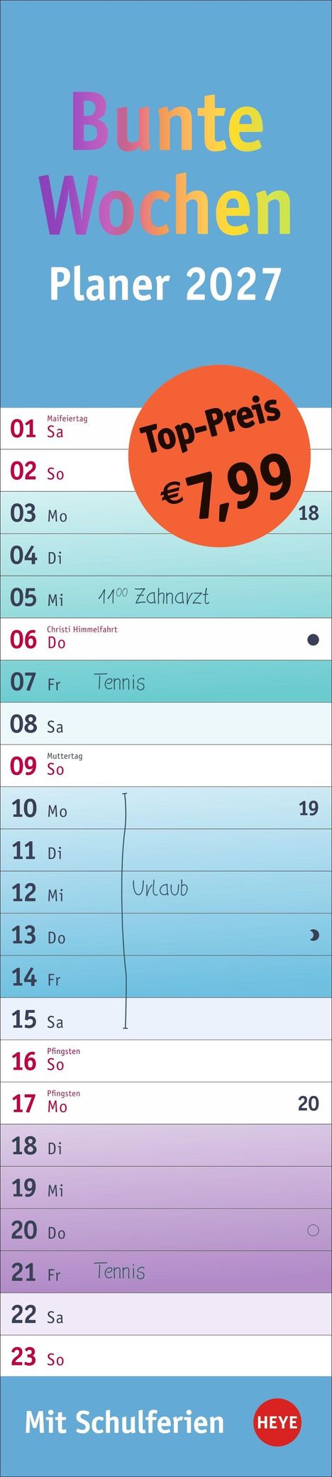 „Bunte Wochen Planer 2027“, „Top-Preis € 7,99“, „Mit Schulferien“. Kalender mit Notizen wie "Zahnarzt, Urlaub, Tennis".