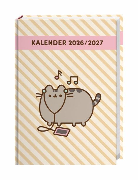 Text: "KALENDER 2026/2027" auf einem hellen Streifenmuster. Illustration: Eine graue Katze mit Noten und Kopfhörern.