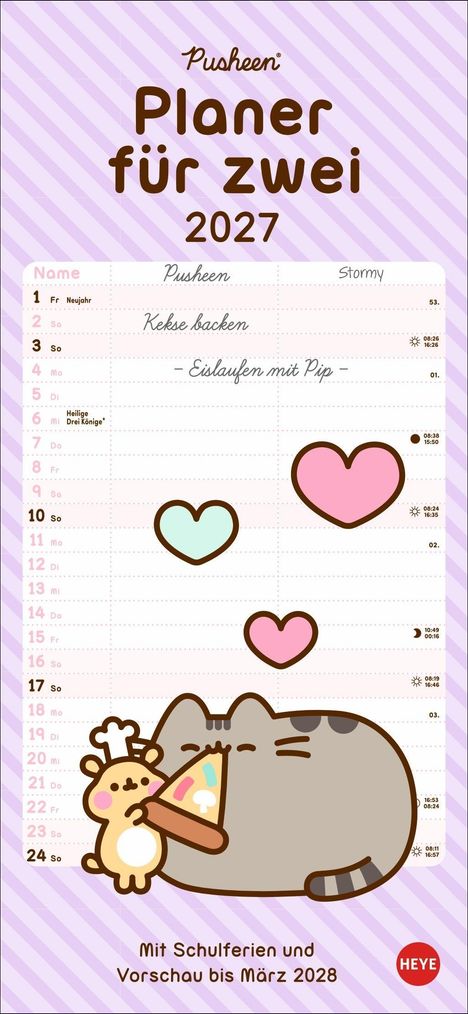 Planer für zwei 2027. Oben zwei Spalten mit Namen. Illustrierte Katzen, bunte Herzen. Hinweis auf Schulferien.
