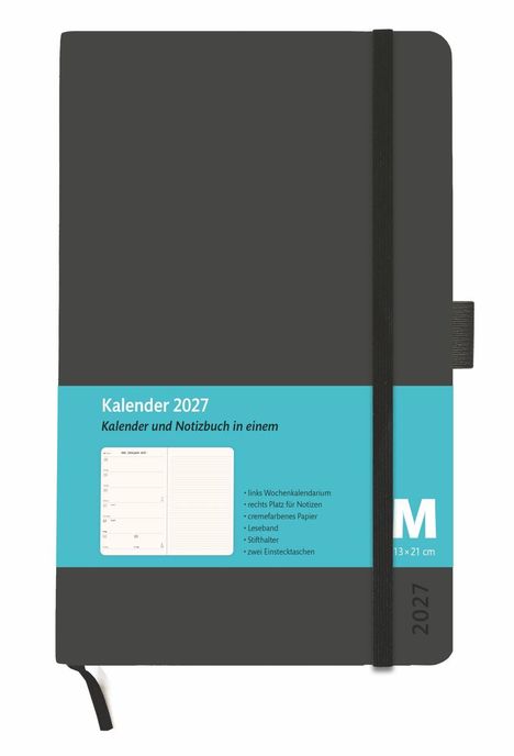 Kalender 2027: Kalender und Notizbuch in einem, links Wochenkalendarium, rechts Notizen, cremefarbenes Papier, Leseband.