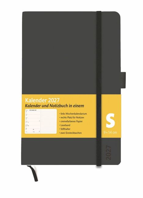 Kalender 2027: Notizbuch mit Wochenkalendarium, Notizplatz, cremefarbenem Papier, Leseband, Stifthalter, Taschen. Größe: S.