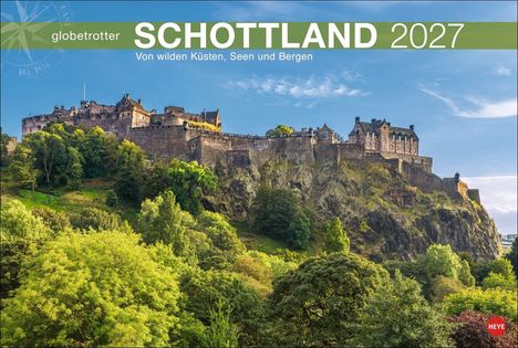Text: "globetrotter SCHOTTLAND 2027 Von wilden Küsten, Seen und Bergen". Historische Burg auf einem Hügel vor blauem Himmel.