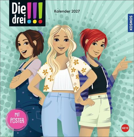 „Die drei!!! Kalender 2027“, drei lächelnde Mädchen, eine mit braunen Haaren, eine blond, eine mit roten Haaren, in moderner Kleidung.